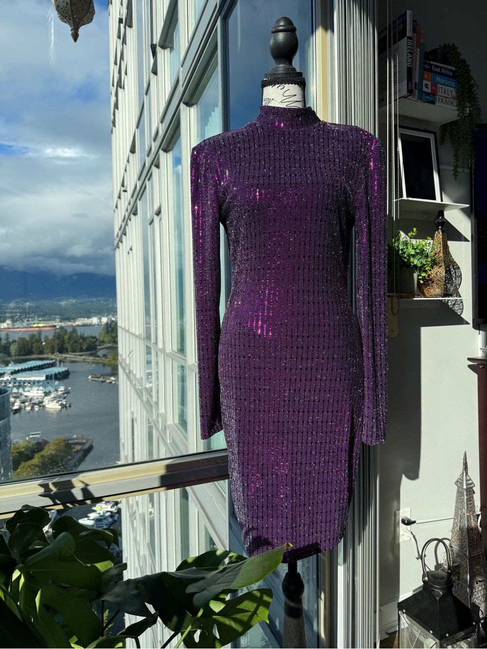 Purple Sequin Long-Sleeve Bodycon Dress Size M